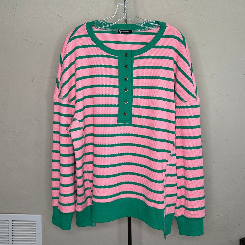 PrettyGarden Pink Green Striped Waffle Knit Henley Long Sleeve Top Large